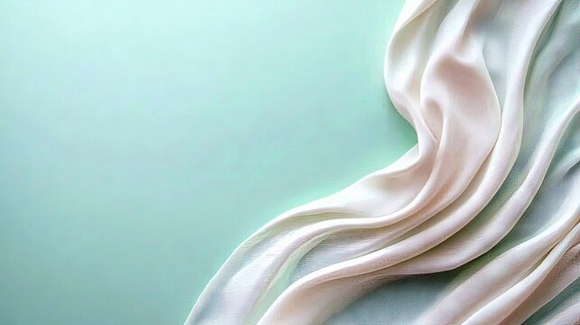 A close-up shot of flowing white silk fabric draped across a mint green background. The fabric has soft folds and gentle curves, illuminated by soft, diffused l
