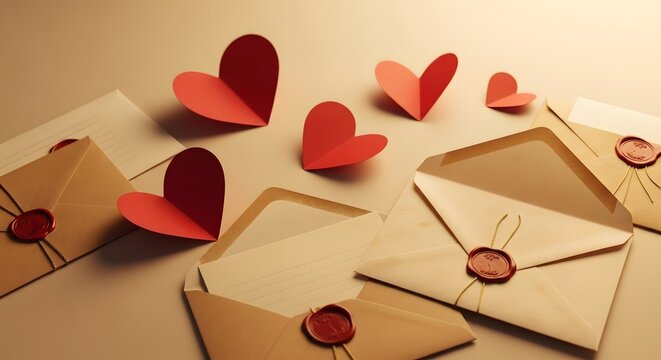 Romantic love letters with sealed envelopes and scattered hearts for valentine's day design