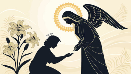 Elegant angel appearing to kneeling figure, a divine revelation with lilies and radiant halo, spiritual art