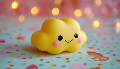 Cute yellow cloud toy, soft, happy expression, pastel background