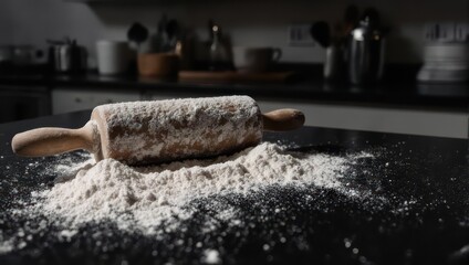 Wooden rolling pin covered in flour on a dark kitchen counter.