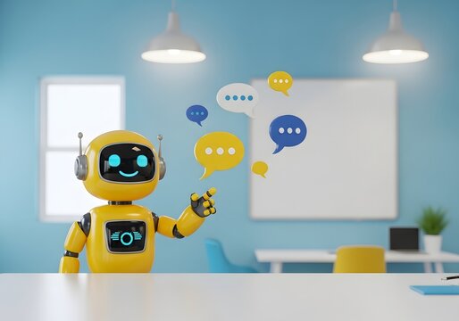 Cute yellow robot chatting in a modern classroom setting with speech bubbles for education and communication design