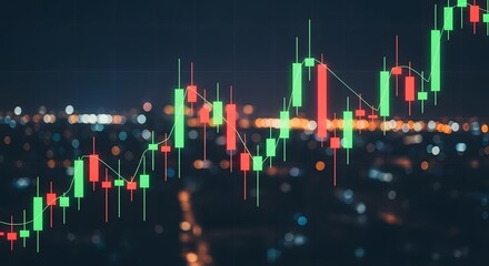 Financial market analysis with candlestick chart against cityscape background for investment and trading success