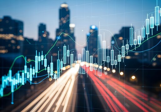 Financial growth concept with city skyline and light trails for business design and analysis