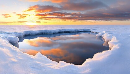 A natural opening in a frozen lake reflects the vibrant colors of a sunset and dramatic clouds, creating a serene and breathtaking winter landscape.