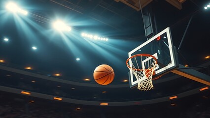 midair. A basketball frozen mid-air near the hoop, radiating intense energy with dynamic lighting and motion. event key visuals.