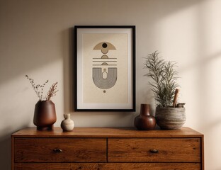 Abstract art print on beige background, featuring concentric shapes and lines, displayed on a wooden dresser with vases