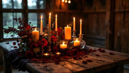 Beautiful table centerpiece featuring candles, roses, and crystal vases