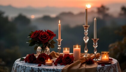 Beautiful table centerpiece featuring candles, roses, and crystal vases