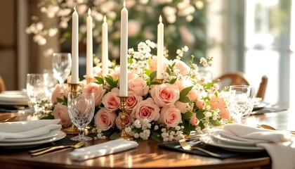 Beautiful table centerpiece featuring candles, roses, and crystal vases