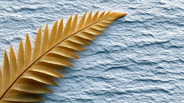 A single, golden-hued fern frond lies diagonally across a textured, light blue surface. The lighting is soft and highlights the delicate details of the leaf and
