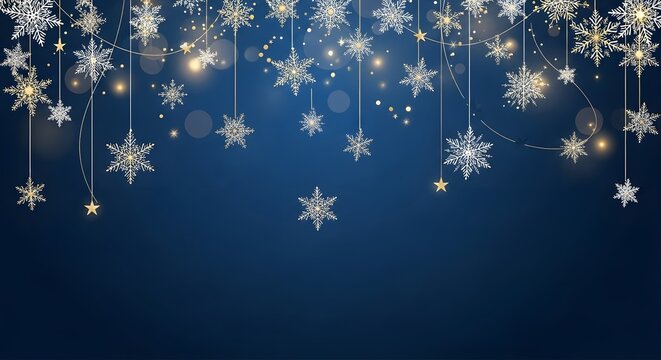 Elegant winter holiday scene with hanging snowflakes and stars on a blue background for festive decor