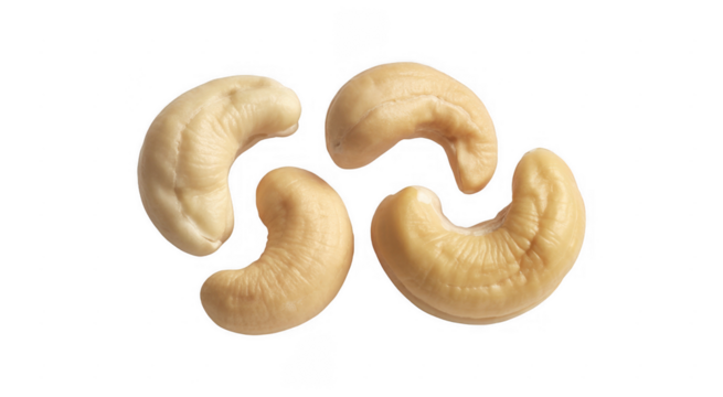 Four raw cashew nuts arranged in a circular pattern isolated on a transparent background