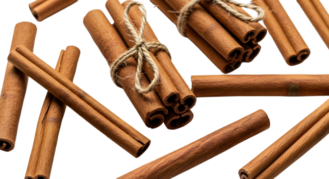 Fresh, aromatic cinnamon sticks isolated on transparent background. Organic spices for baking, cooking, and herbal tea, with copy space for text