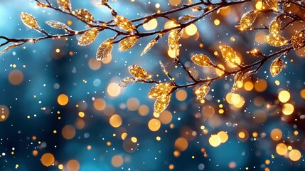 Close-up of dark tree branches adorned with illuminated golden leaves and small white snowflakes, set against a blurred blue background with glowing bokeh light