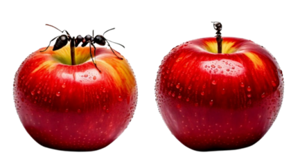 Black ant on fresh red apple dual variation nature bundle isolated on transparent background