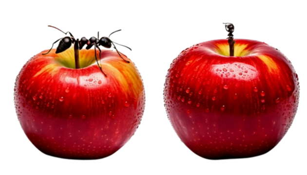 Black ant on fresh red apple dual variation nature bundle isolated on transparent background