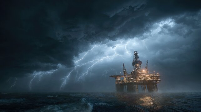 Offshore oil rig under dramatic lightning storm at sea