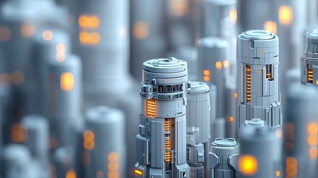 A detailed close-up of futuristic cylindrical towers with intricate mechanical details and glowing orange lights, set against a blurred background of similar st