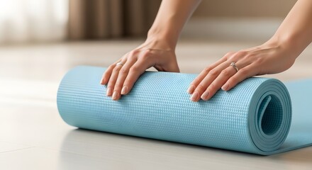 Morning yoga preparation with blue exercise mat for relaxation and fitness routine