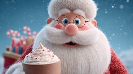 A joyful Santa Claus holding a steaming mug of hot cocoa topped with whipped cream