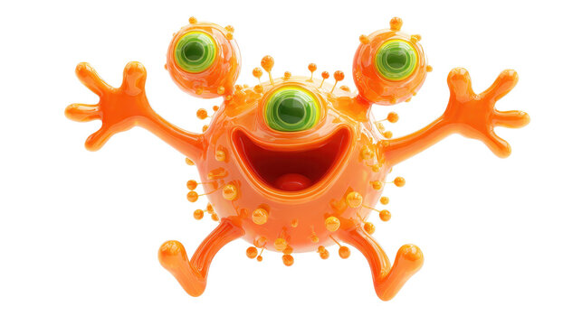  giggling cartoon-style raspberry alien with squished cheeks and big white teeth showing