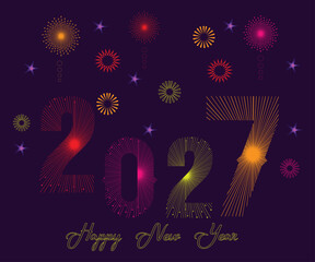 Happy new year 2027with golden fireworks and starry night sky. Happy New Year 2027