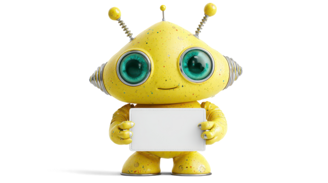 pastel yellow alien with a triangular head, spiral antennas, and freckles shaped like stars
