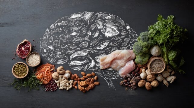 A picture of the brain drawn in chalk with various food products: fish, meat, nuts, vegetables and greens. - Powered by Adobe