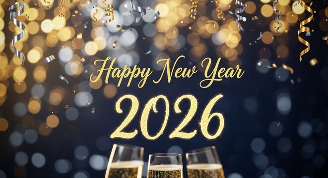 Sparkling happy new year 2026 celebration with champagne glasses and confetti against a bokeh background perfect for festive greetings and holiday promotions
