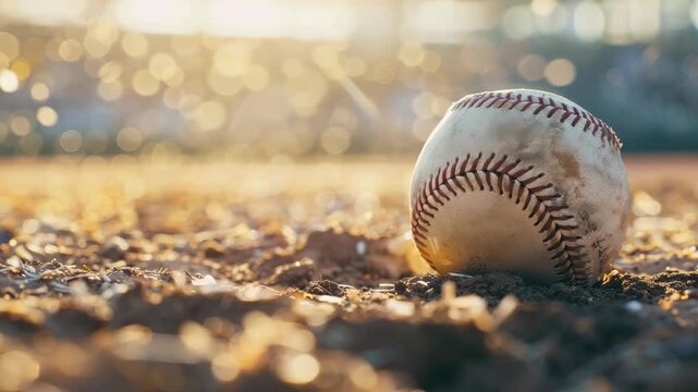 Close-up of baseball on ground with sunlight in background creating bokeh effect