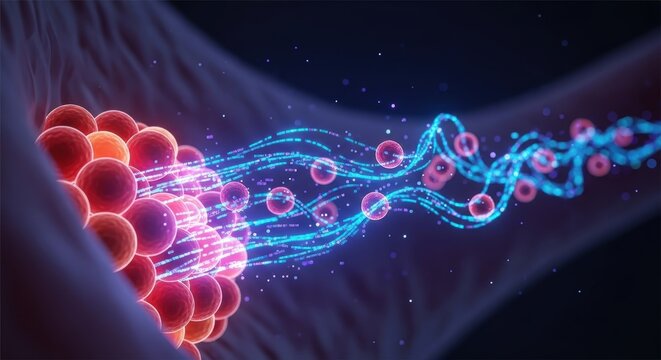 Liquid Biopsy Metaphorical Search A futuristic, stylized microscopic view where glowing data streams (representing circulating tumor DNA/cells) are extracted from a stylized blood sample. Focus on cle
