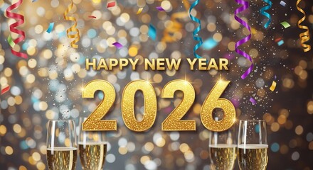 Golden 2026 new year celebration with champagne flutes and colorful confetti against a bokeh background creating a festive and celebratory atmosphere for the holiday