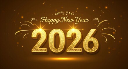 Golden happy new year 2026 design with sparkling glitter and elegant typography on a warm brown background perfect for festive greetings and holiday celebrations