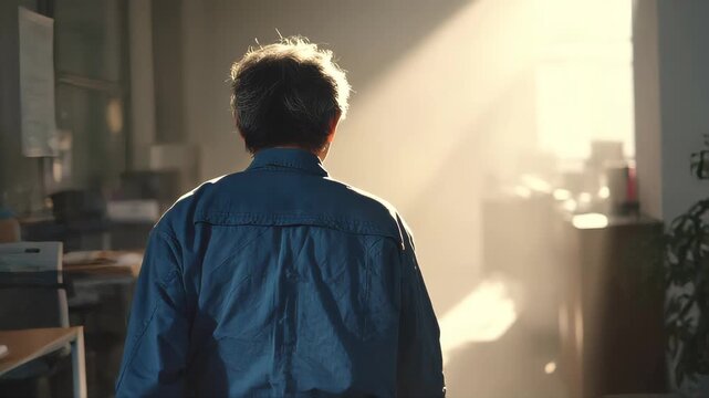 A middle-aged Asian retired worker in a blue work uniform, back to the camera, ambles past a smart office environment. Backlight etches the textured cotton workwear, dust motes suspended in sunbeam