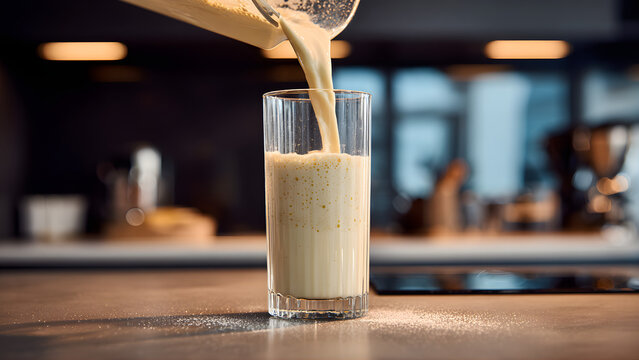a vanilla shake being poured into a tall glass on a modern kitchen counter