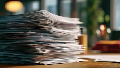 High stack of papers on a wooden surface