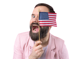 Portrait of a satisfied young man with a beard with an American flag on a red studio background. Great US patriot and defender of freedom.