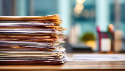 High stack of documents, possibly files, sits on a wooden surface. Blurry office background
