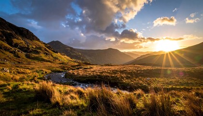 Obraz premium Sun flares over a valley. Golden sunlight, flowing stream, hills, grass, dramatic clouds, and mountain landscape
