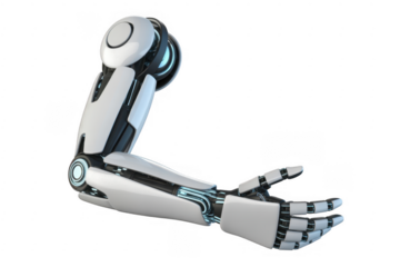 Futuristic robotic arm with open hand and glowing blue accents isolated on a transparent background