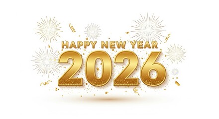 Festive happy new year 2026 design with gold ribbons and fireworks perfect for holiday greetings and seasonal celebrations and events promotion on white background	