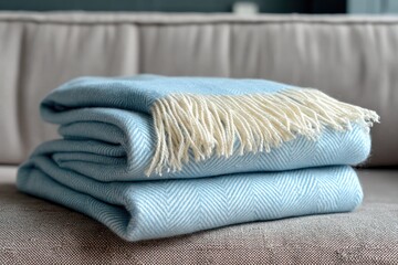 Light-blue herringbone throw blankets stacked on a couch