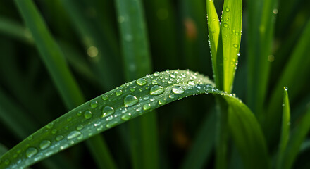 Dew drops on green grass blades water droplet morning nature plant leaf fresh macro