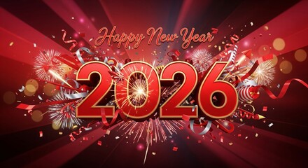Festive happy new year 2026 celebration with fireworks confetti and ribbons on a vibrant red background perfect for holiday greetings and promotional designs