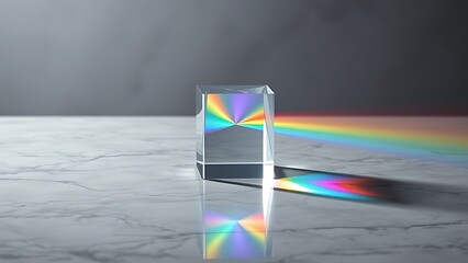 diffraction. Glass prism creating rainbow light refraction on a sleek marble surface. STEM education sheets, lab safety posters, designed for biotech research communications, used by radiologists.