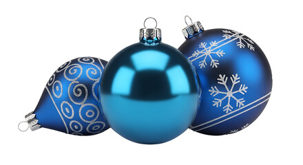Three vibrant blue Christmas ball ornaments with a delicate floral pattern, isolated on a clean transparent background for easy design use | blue christmas balls isolated on transparent background