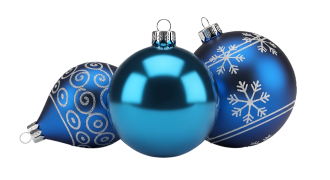 Three vibrant blue Christmas ball ornaments with a delicate floral pattern, isolated on a clean transparent background for easy design use | blue christmas balls isolated on transparent background