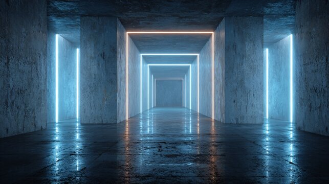 Futuristic neon-lit corridor with reflective wet floor and geometric design