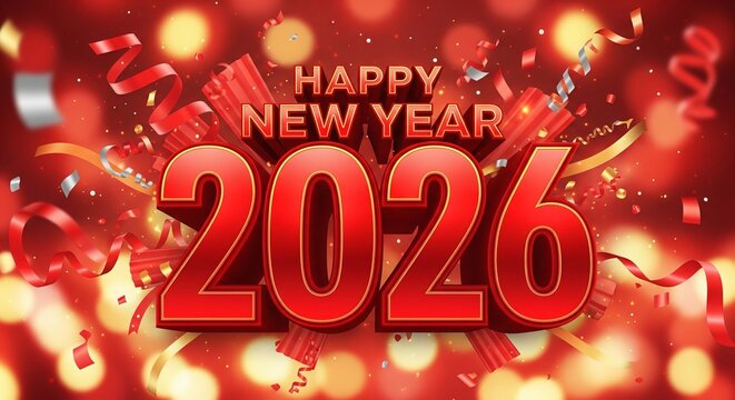 Festive happy new year 2026 celebration with red and gold confetti on a bright background perfect for holiday greetings and seasonal marketing campaigns